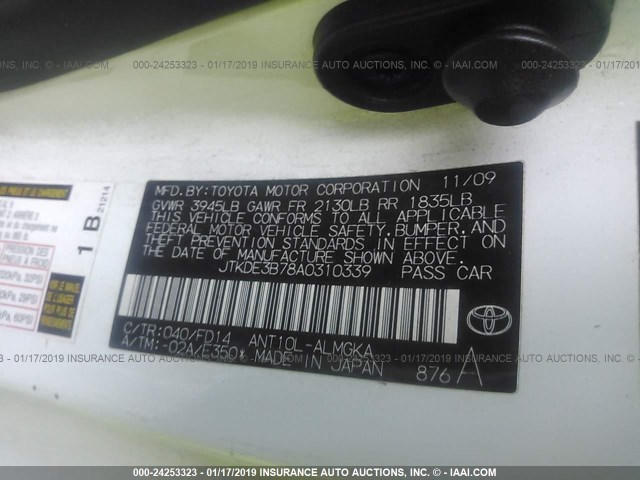 JTKDE3B78A0310339 - 2010 TOYOTA SCION TC 白色 照片 9