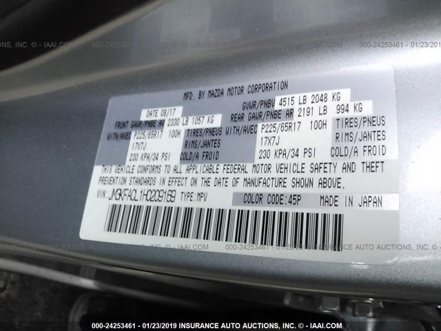 JM3KFACL1H0209169 - 2017 MAZDA CX-5 TOURING SILVER photo 9