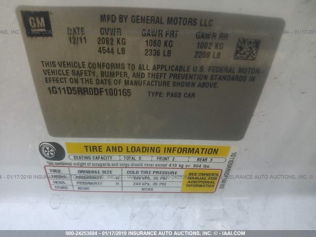 1G11D5RR0DF100165 - 2013 CHEVROLET MALIBU 1LT თეთრი ფოტო 9