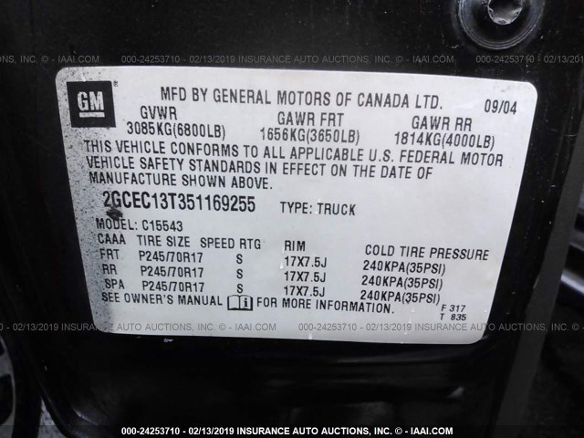 2GCEC13T351169255 - 2005 CHEVROLET SILVERADO C1500 GRAY photo 9