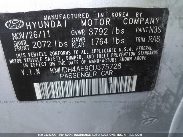 KMHDH4AE9CU375728 - 2012 HYUNDAI ELANTRA GLS/LIMITED SILVER photo 9