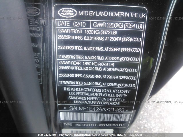 SALMF1E42AA321463 - 2010 LAND ROVER RANGE ROVER HSE LUXURY BLACK photo 9