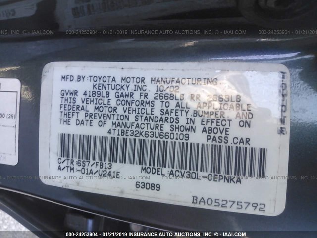 4T1BE32K63U660109 - 2003 TOYOTA CAMRY LE/XLE/SE GREEN photo 9