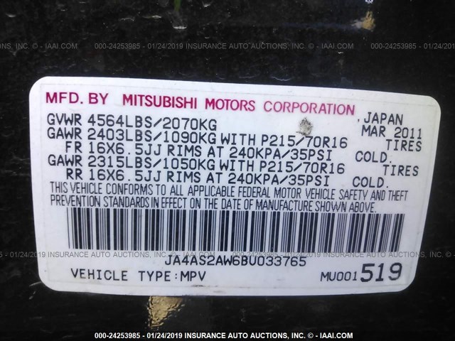 JA4AS2AW6BU033765 - 2011 MITSUBISHI OUTLANDER ES BLACK photo 9