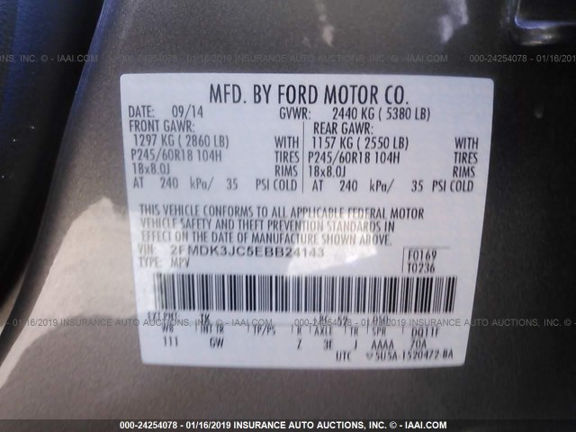 2FMDK3JC5EBB24143 - 2014 FORD EDGE SEL GRAY photo 9