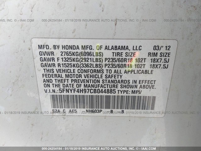 5FNYF4H97CB044885 - 2012 HONDA PILOT TOURING WHITE photo 9