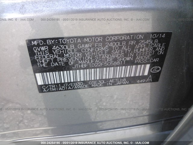 JTHBF1D22F5058811 - 2015 LEXUS IS 250 SILVER photo 9