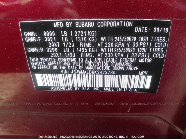 4S4WMALD6K3423780 - 2019 SUBARU ASCENT LIMITED RED photo 9