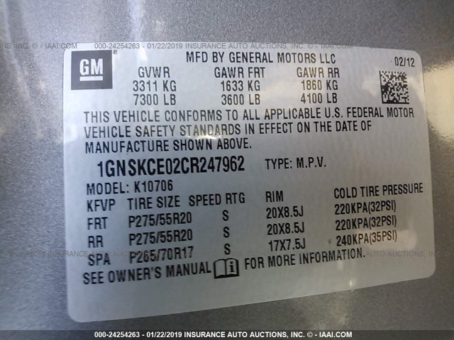 1GNSKCE02CR247962 - 2012 CHEVROLET TAHOE K1500 LTZ GRAY photo 9