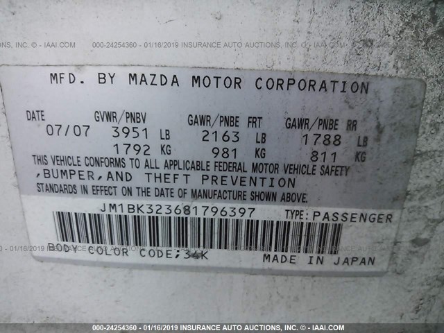 JM1BK323681796397 - 2008 MAZDA 3 S WHITE photo 9