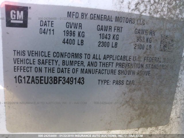 1G1ZA5EU3BF349143 - 2011 CHEVROLET MALIBU LS WHITE photo 9