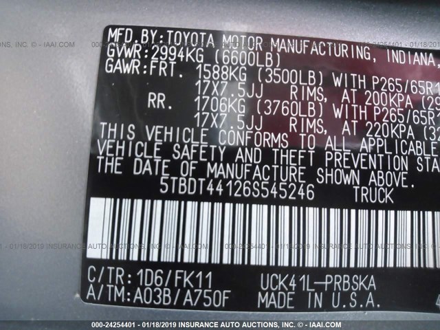 5TBDT44126S545246 - 2006 TOYOTA TUNDRA DOUBLE CAB SR5 SILVER photo 9