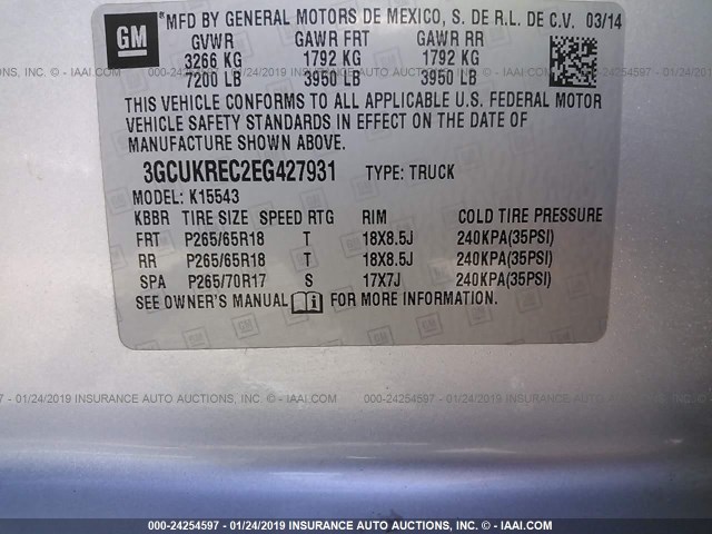 3GCUKREC2EG427931 - 2014 CHEVROLET SILVERADO K1500 LT SILVER photo 9