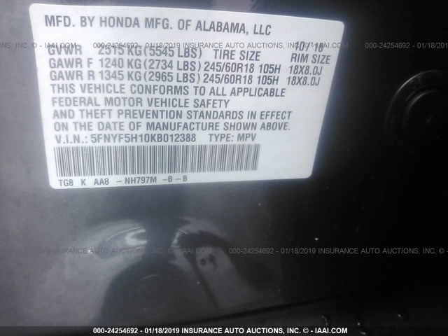 5FNYF5H10KB012388 - 2019 HONDA PILOT LX GRAY photo 9