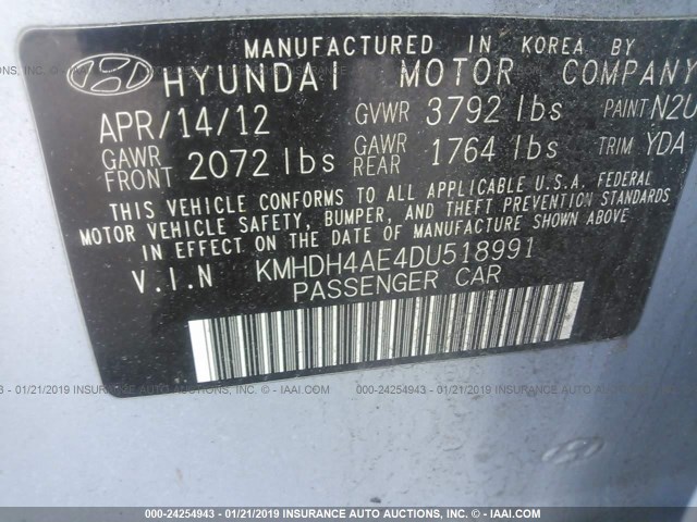 KMHDH4AE4DU518991 - 2013 HYUNDAI ELANTRA GLS/LIMITED BLUE photo 9