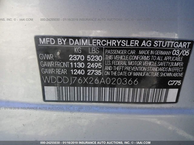 WDDDJ76X26A020366 - 2006 MERCEDES-BENZ CLS 55 AMG SILVER photo 9