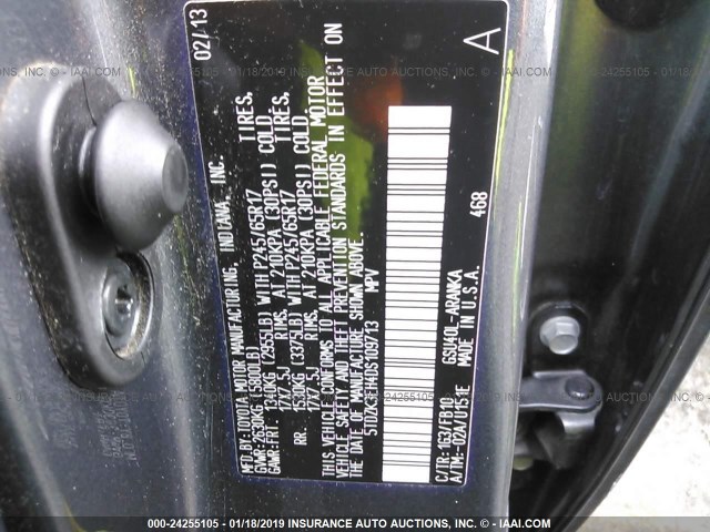 5TDZK3EH4DS109713 - 2013 TOYOTA HIGHLANDER PLUS/SE GRAY photo 9