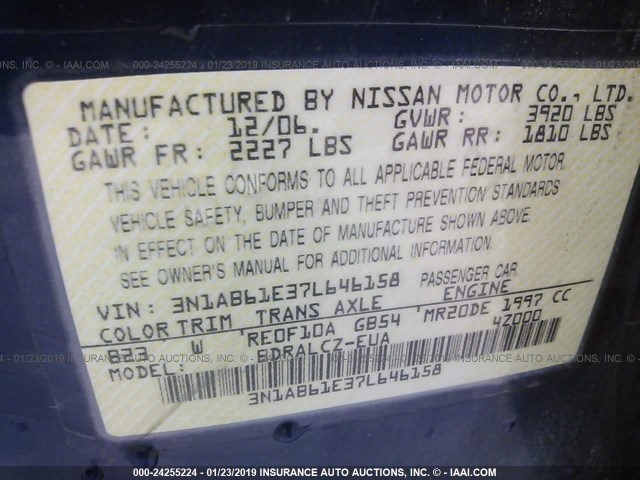 3N1AB61E37L646158 - 2007 NISSAN SENTRA 2.0/2.0S/2.0SL BLUE photo 9