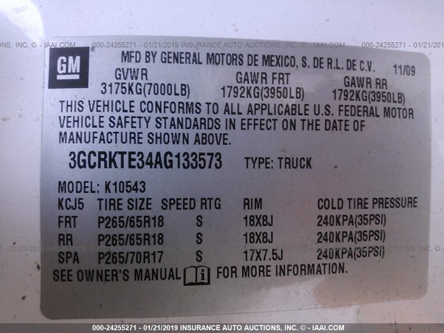 3GCRKTE34AG133573 - 2010 CHEVROLET SILVERADO K1500 LTZ WHITE photo 9