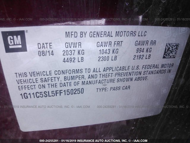 1G11C5SL5FF150250 - 2015 CHEVROLET MALIBU 1LT MAROON photo 9