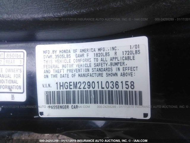 1HGEM22901L036158 - 2001 HONDA CIVIC SI/EX BLACK photo 9