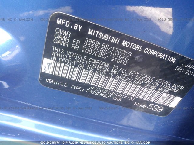 JA32U2FU3FU014137 - 2015 MITSUBISHI LANCER ES BLUE photo 9