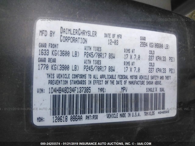 1D4HB48D34F137385 - 2004 DODGE DURANGO SLT GRAY photo 9