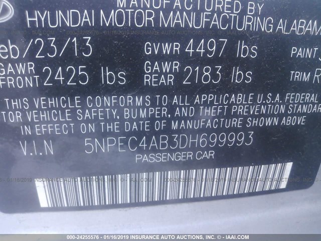 5NPEC4AB3DH699993 - 2013 HYUNDAI SONATA SE/LIMITED SILVER photo 9