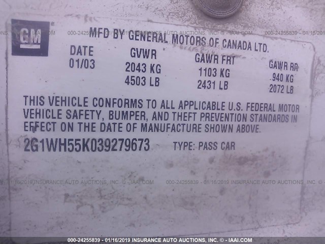 2G1WH55K039279673 - 2003 CHEVROLET IMPALA LS 白色 照片 9