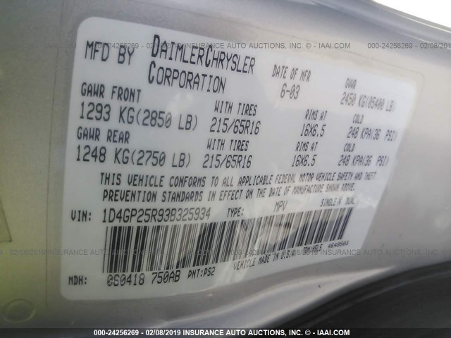 1D4GP25R93B325934 - 2003 DODGE CARAVAN SE SILVER photo 9