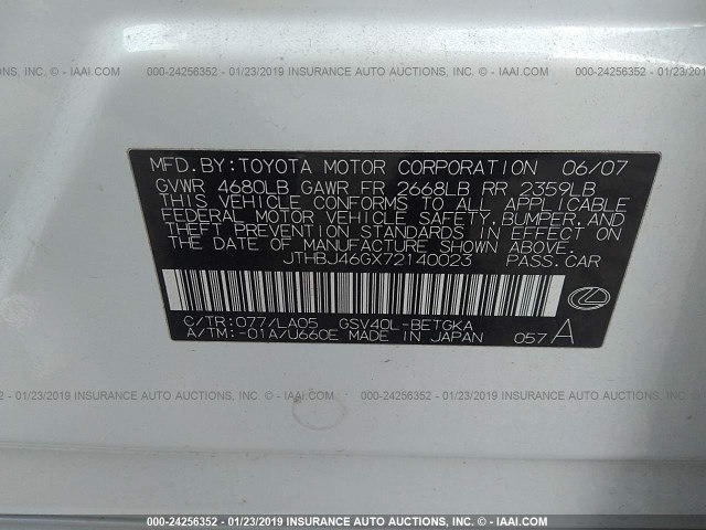 JTHBJ46GX72140023 - 2007 LEXUS ES WHITE photo 9