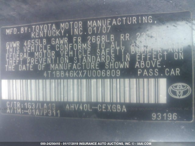 4T1BB46KX7U006809 - 2007 TOYOTA CAMRY NEW GENERAT HYBRID GRAY photo 9