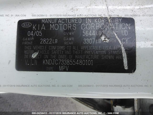 KNDJC733855480101 - 2005 KIA SORENTO EX/LX WHITE photo 9