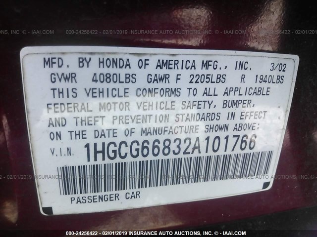 1HGCG66832A101766 - 2002 HONDA ACCORD EX/SE MAROON photo 9