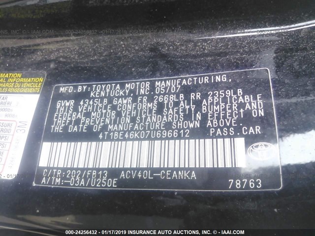 4T1BE46K07U696612 - 2007 TOYOTA CAMRY NEW GENERAT CE/LE/XLE/SE BLACK photo 9
