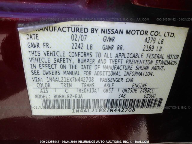 1N4AL21EX7N442708 - 2007 NISSAN ALTIMA 2.5/2.5S BURGUNDY photo 9