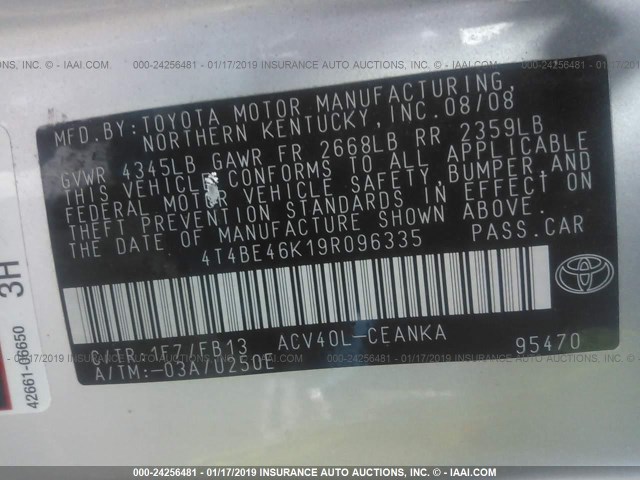 4T4BE46K19R096335 - 2009 TOYOTA CAMRY SE/LE/XLE 银色 照片 9