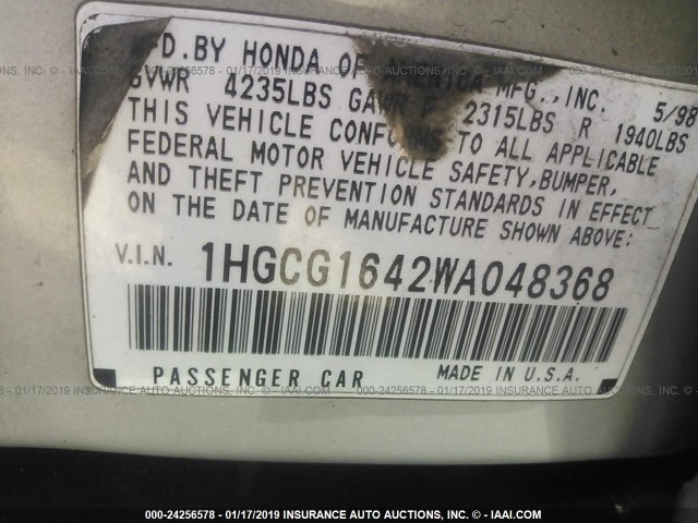 1HGCG1642WA048368 - 1998 HONDA ACCORD LX GOLD photo 9