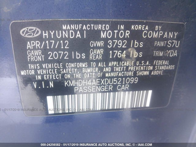 KMHDH4AEXDU521099 - 2013 HYUNDAI ELANTRA GLS/LIMITED BLUE photo 9