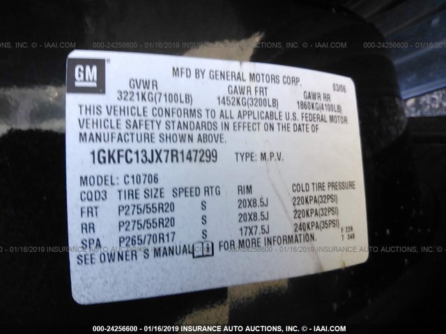 1GKFC13JX7R147299 - 2007 GMC YUKON BLACK photo 9