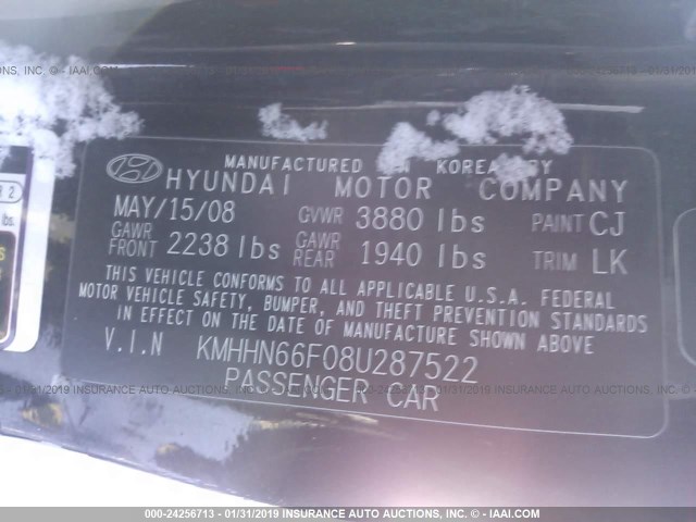 KMHHN66F08U287522 - 2008 HYUNDAI TIBURON GT/SE/GT LIMITED BLACK photo 9