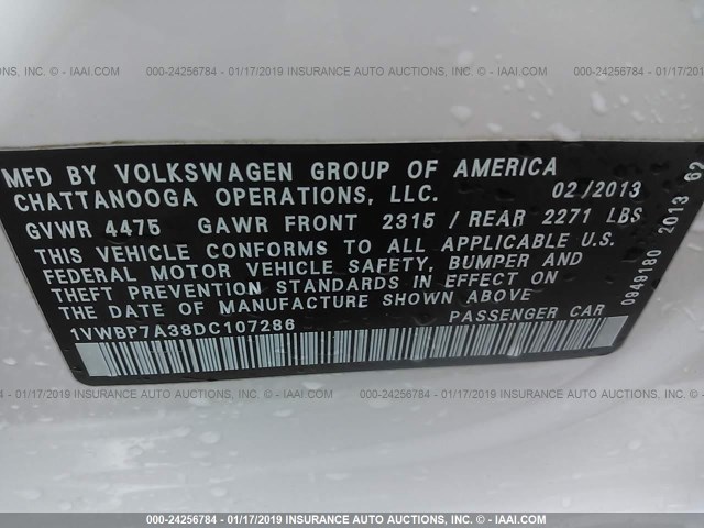 1VWBP7A38DC107286 - 2013 VOLKSWAGEN PASSAT SE WHITE photo 9