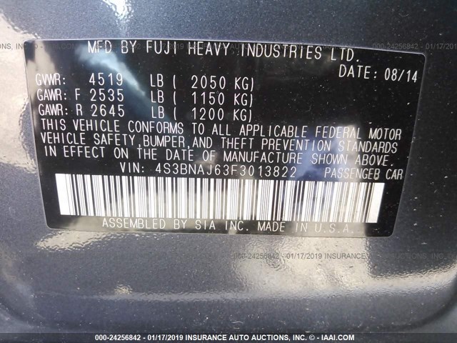 4S3BNAJ63F3013822 - 2015 SUBARU LEGACY 2.5I LIMITED GRAY photo 9