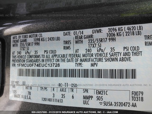 1FMCU0F74EUC13728 - 2014 FORD ESCAPE S GRAY photo 9