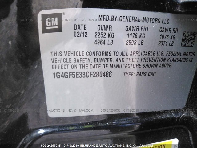 1G4GF5E33CF280488 - 2012 BUICK LACROSSE PREMIUM BLACK photo 9