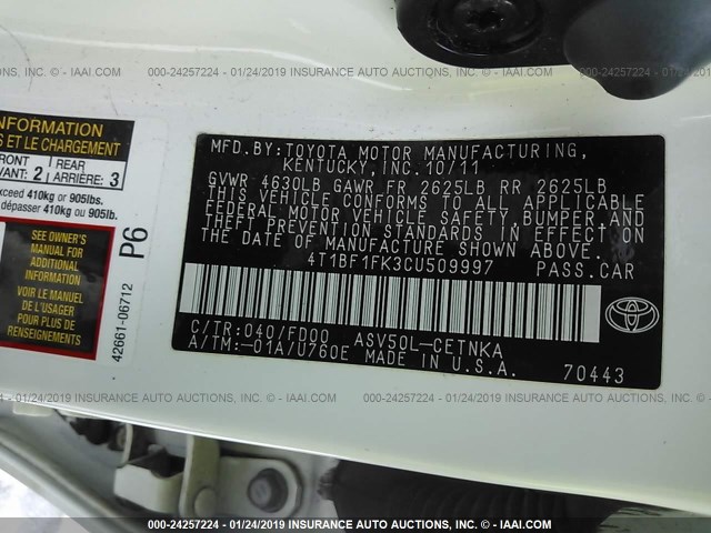 4T1BF1FK3CU509997 - 2012 TOYOTA CAMRY SE/LE/XLE 白色 照片 9