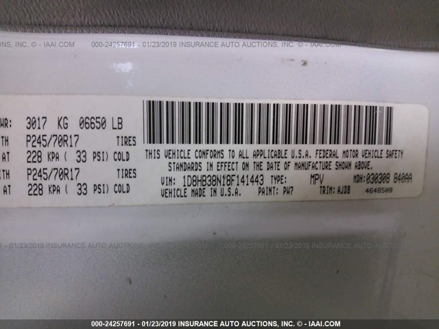 1D8HB38N18F141443 - 2008 DODGE DURANGO SXT WHITE photo 9