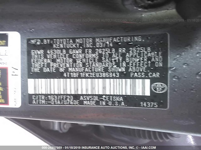 4T1BF1FK2EU386843 - 2014 TOYOTA CAMRY L/SE/LE/XLE 灰色 照片 9