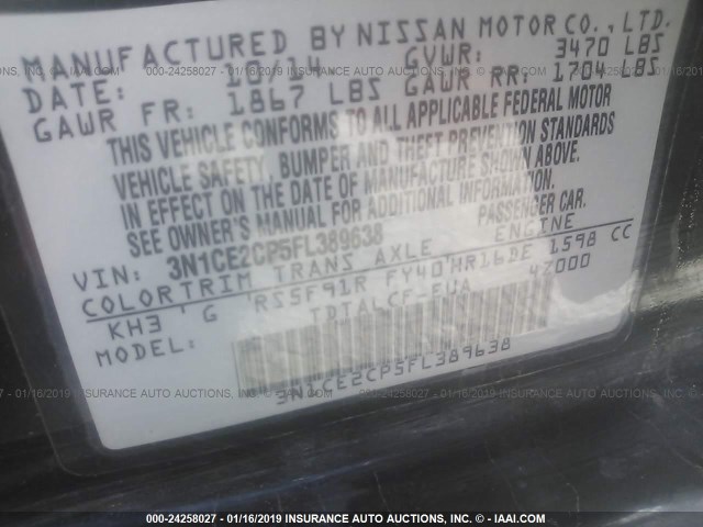 3N1CE2CP5FL389638 - 2015 NISSAN VERSA NOTE S/S PLUS/SV/SL/SR BLACK photo 9