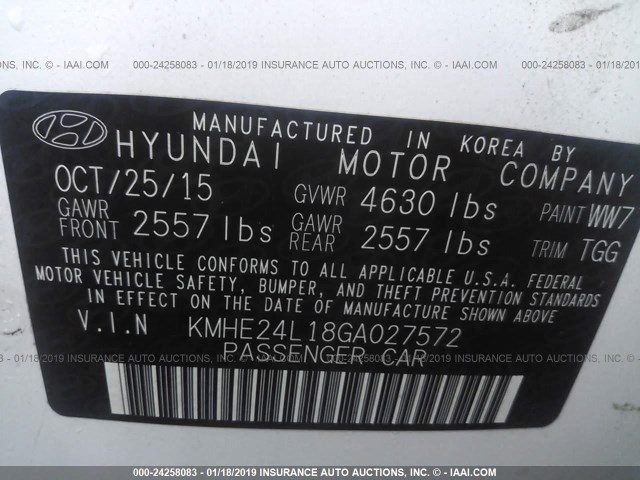 KMHE24L18GA027572 - 2016 HYUNDAI SONATA HYBRID/SE WHITE photo 9